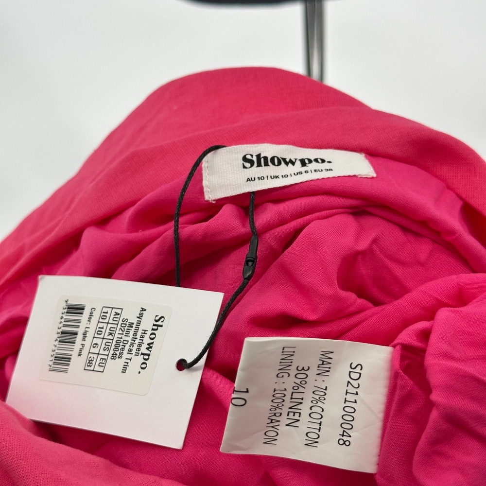 NEW‎ Showpo Harleen Asymmetrical Trim Mini Dress Pink Ruffle Puff Sleeve US 6 - Picture 7 of 7
